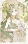  1girl absurdres animal arch bare_arms bare_shoulders bird bouquet breasts circlet cleavage cowboy_shot day dress expressionless feather_hair_ornament feathers flower forest green_dress green_hair hair_ornament highres holding holding_bouquet infinity_nikki jewelry liyue573 long_hair nature necklace nikki_(series) outdoors outside_border parted_bangs pillar sidelocks solo strapless strapless_dress textless_version very_long_hair wavy_hair white_bird white_flower woodland_nesting_(infinity_nikki) 