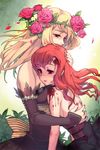  2girls armpits bare_shoulders blonde_hair blood bow detached_sleeves dress flower hand_on_another's_head head_wreath holding hug injury leaf lowres multiple_girls nail_polish open_mouth petals red_eyes red_hair ribbon rose rose_pacifica short_hair sword_girls vernika_answer wavy_hair 