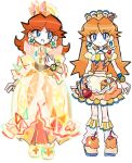  absurdres blue_eyes brown_hair crown dress earrings flower_earrings hat highres jewelry long_hair mario_(series) multicolored_dress open_mouth orange_skirt princess_daisy rakugaki_shitagari-ya simple_background skirt smile white_background 