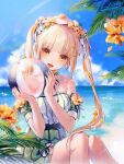  1girl armpit_crease ball beach blonde_hair blue_sky blunt_bangs bow collarbone flower fried_egg hair_bow hair_ornament hairclip highres holding holding_ball long_hair looking_at_viewer multiple_hair_bows ocean off_shoulder open_mouth original sidelocks sky smile thighs wet x_hair_ornament yellow_eyes yellow_flower yp1091 