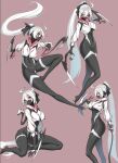  1girl ahoge arm_blade black_bodysuit bodysuit breasts cropped_jacket high_heels hk33 jacket large_breasts living_clothes long_hair mask mouth_mask original pink_background ponytail red_eyes skin_tight symbiote very_long_hair weapon white_hair white_jacket 