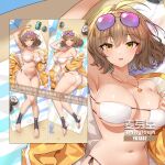  1girl ahoge anis_(nikke) anis_(sparkling_summer)_(nikke) arm_up armpits ass aviator_sunglasses bakugadou bare_legs beach beach_towel bikini black_socks blush breasts brown_hair can cleavage coconut commentary curvy dakimakura_(medium) drink_can eyepatch_bikini eyewear_on_head full_body goddess_of_victory:_nikke gradient-tinted_eyewear highres jacket jewelry large_breasts looking_at_viewer lying merchandise_available navel necklace off_shoulder official_alternate_costume on_back on_side open_clothes open_jacket open_mouth orange_eyes padded_jacket pink-tinted_eyewear purple-tinted_eyewear short_hair side-tie_bikini_bottom skindentation smile socks soda_can star_(symbol) star_necklace stirrup_legwear sunglasses swimsuit tinted_eyewear toeless_legwear toes towel watermark white_bikini yellow_jacket 