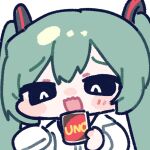  1girl black_sclera blush borrowed_clothes card chibi chibi_only colored_sclera hatsune_miku holding holding_card long_hair long_sleeves looking_down mimukauwa_nice_try_(vocaloid) miratsu_(miratsu169) open_mouth oversized_clothes oversized_shirt shirt sleeves_past_fingers sleeves_past_wrists smug solo tagme twintails uno_(game) vocaloid white_shirt 