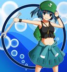  akatukisky armpits blue_eyes blue_hair breasts clothes_around_waist crop_top double_sided_wrench hat kawashiro_nitori key medium_breasts midriff navel shirt_around_waist sideboob skirt smile solo tank_top touhou two_side_up wrench wristband 