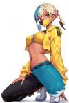  1girl absurdres aqua_hair bandeau blonde_hair blue_eyes breasts canari_(pokemon) cropped_jacket dark-skinned_female dark_skin highres jacket mask medium_breasts midriff mouth_mask multicolored_hair navel pants pokemon pokemon_legends:_z-a shoes simple_background solo split-color_hair squatting stomach unstableboiler white_background white_shoes yellow_bandeau yellow_jacket 