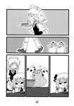  :&gt; :3 :d bat_wings cake carrying closed_eyes colored_eyelashes comic cup eyelashes fang flying_sweatdrops food greyscale happy highres hong_meiling_(panda) izayoi_sakuya maid monochrome multiple_girls open_mouth remilia_scarlet scan seki_(red_shine) silent_comic smile solid_circle_eyes teacup teapot touhou tray wings 