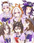  6+girls ahoge animal_ears beanie black_hair blue_eyes blunt_bangs blush bow bowtie breasts brown_eyes brown_hair chocolate closed_eyes closed_mouth dream_journey_(umamusume) ear_bow ear_covers ear_ornament ears_through_headwear fenomeno_(umamusume) flipped_hair food food_in_mouth glasses gold_ship_(umamusume) grey_hair grey_hat hair_between_eyes hat highres holding holding_food holding_pocky horse_ears horse_girl horseshoe_hat_ornament horseshoe_ornament long_hair mouth_hold multicolored_hair multiple_girls nakayama_festa_(umamusume) neru_ika one_eye_closed orange_hair orfevre_(umamusume) peaked_cap pillbox_hat pocky pocky_day pocky_in_mouth ponytail purple_bow purple_bowtie purple_eyes purple_hair purple_shirt sailor_collar sailor_shirt school_uniform shirt simple_background single_ear_cover smile stay_gold_(umamusume) stay_gold_clan_(umamusume) streaked_hair teeth tracen_school_uniform two-tone_hair umamusume upper_body white_background white_hair white_sailor_collar 