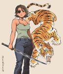  1girl absurdres commentary denim eyepatch feet_out_of_frame heidi_(heytherenrds) highres holding holding_sword holding_weapon jeans original pants short_hair short_sword solo sword symbol-only_commentary tantou tiger weapon 