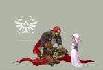  1boy 1girl armor blonde_hair cape child closed_eyes earrings ganondorf gerudo gloves grey_background hat jewelry kneeling pointy_ears princess_zelda red_hair simple_background size_difference the_legend_of_zelda the_legend_of_zelda:_ocarina_of_time what_if young_zelda 