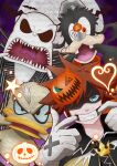  4boys absurdres donald_duck gloves goofy halloween highres jack_skellington jacket kingdom_hearts kingdom_hearts_i long_sleeves looking_at_viewer male_focus multiple_boys open_mouth pinstripe_pattern pinstripe_suit short_hair skeleton smile sora_(kingdom_hearts) striped_clothes suit the_nightmare_before_christmas tumugu7k white_hair 