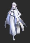 1girl belt black_background black_belt bridal_gauntlets briefcase cloak dagger dress flower full_body gloves gun hair_flower hair_ornament handgun highres holding holding_briefcase holding_gun holding_weapon knife lily_(flower) long_dress long_hair looking_at_viewer original purple_eyes revolver shoes standing straight_hair weapon white_cloak white_dress white_gloves white_hair white_shoes yakupan zipper 