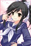  asahana_jun black_hair long_hair love_plus ponytail ribbon school_uniform serafuku smile solo takane_manaka v 