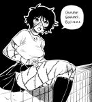  1girl absurdres black_hair black_socks blush breasts english_text feet_out_of_frame heidi_(heytherenrds) highres medium_breasts original patchwork_skin shirt short_hair socks solo stitched_arm stitched_face stitched_leg stitched_neck stitches thick_thighs thighs tongue tongue_out white_shirt zombie_costume 