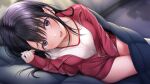  1girl artist_request between_legs black_eyes black_hair gym_shirt hand_between_legs highres jacket konomi_yui long_hair looking_at_viewer lying official_art on_side open_mouth partially_unzipped red_jacket red_trim seifuku_kanojo shirt smile solo track_jacket under_covers white_shirt 