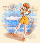  1girl absurdres blue_eyes brown_hair cruise_ship earrings flower_earrings hat highres jewelry long_hair lysum mario_(series) mario_kart mario_kart_tour ocean open_mouth orange_shoes orange_shorts princess_daisy princess_daisy_(sailor) sailor_hat shoes shorts smile socks white_socks 