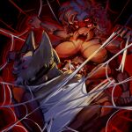 ambiguous_gender animal_humanoid anthro anthro_on_anthro arachnid arachnid_humanoid arthropod arthropod_humanoid bdsm bondage bound breasts canid canine canis colored_nails duo featureless_breasts female female/ambiguous fur grey_body grey_fur grin headlamp hi_res humanoid lamp mammal mandibles markings mole_(marking) multi_arm multi_limb nails pupils red_eyes red_sclera segmented_body smile spider spider_humanoid spider_web spoilla white_pupils wolf wrapped_arms wrapped_up