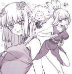  1girl breasts dr._stone flower greyscale hair_flower hair_ornament highres holding holding_knife holding_weapon japanese_clothes knife kohaku_(dr._stone) kunai looking_at_viewer medium_hair monochrome ninja open_mouth ponytail rope_belt smile wa_wawa_ii weapon white_background 