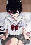  1boy absurdres amamiya_ren animal_ears baozhusuhaizhendeyao black-framed_eyewear black_hair blush bow breast_pocket cat_ears chinese_commentary collar commentary_request crossdressing crossdressing_(mtf) embarrassed film_grain glasses hair_between_eyes hair_ornament hairclip highres kemonomimi_mode knees_together_feet_apart looking_at_viewer male_focus morgana_(persona_5) on_bed open_mouth persona persona_5 pleated_skirt pocket red_bow sailor_collar sailor_shirt shirt short_hair sitting skirt solo tearing_up too_many_hair_ornaments upper_body wavy_hair white_shirt 