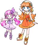  2girls absurdres brown_hair earrings flower_earrings hat highres jewelry long_hair low_twintails mario_(series) multiple_girls neckerchief open_mouth orange_neckerchief orange_skirt personification pink_eyes pink_hair princess_daisy purple_skirt rakugaki_shitagari-ya simple_background skirt smile socks toadette twintails white_background 