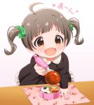  1girl aged_down ahoge bow brown_dress brown_eyes brown_hair dress food fork goma_konbu green_bow hair_bow hakozaki_serika highres holding holding_fork idolmaster idolmaster_million_live! incoming_food long_sleeves meatball multiple_hair_bows open_mouth short_hair smile solo twintails 
