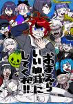  6+boys 6+girls ahoge amemiya_darumi aotsuki_eito bad_food black_bow black_collar black_gloves black_hair black_hairband black_jacket black_sailor_collar black_shirt black_streaks blonde_hair blue_eyes blue_hair blue_hat blue_jacket bow braid brown_hair cape choker collar collarbone commentary_request dark-skinned_female dark_skin double_bun dougi earrings everyone eye_print eyepatch face_piercing facial_mark fingerless_gloves flask foaming_at_the_mouth furukawa_(yomawari) gakuran ginzaki_shouma glasses gloves green_hat grey_eyes grey_hair grey_jacket grey_kimono grin hair_bow hair_bun hairband hat head_rest heart heart_facial_mark highres holding holding_flask holding_plate holding_spoon hood hoodie jacket jacket_over_hoodie japanese_clothes jewelry kawana_tsubasa kimono kirifuji_nozomi labret_piercing long_hair lying magadori_kyoshika makeup maruko_gaku masked mojiro_moko multicolored_hair multicolored_jacket multiple_boys multiple_girls necklace omokage_yugamu on_side oosuzuki_kurara open_clothes open_jacket open_mouth piercing pink_eyes pink_hair plate ponytail print_eyepatch purple_hair red_cape red_choker red_eyes red_hair red_jacket red_serafuku rice runny_makeup safety_pin sailor_collar school_uniform serafuku shirt shizuhara_hiruko short_hair smile spoon streaked_hair sumino_takumi sunglasses sweatdrop the_hundred_line_-last_defense_academy- translation_request tsukumo_ima tsukumo_kako twin_braids twintails twitter_username two-tone_jacket white_hair white_hoodie white_jacket white_shirt yakushiji_takemaru yellow_shirt 