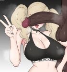  1boy 1girl absurdres black_choker black_nails black_sports_bra blacked_(phrase) blonde_hair blue_eyes blush breasts can&#039;t_see_the_haters_(meme) choker cleavage commission commissioner_upload dark-skinned_male dark_skin daruko536 earrings english_text gradient_background grey_background hetero highres hoop_earrings huge_penis imminent_fellatio interracial jewelry large_breasts large_variant_set long_hair meme penis penis_awe penis_on_face penis_over_eyes persona persona_5 queen_of_spades_symbol spade_(shape) sports_bra takamaki_anne testicles textless_version twintails uncensored v variant_set very_dark_skin 