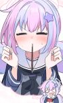  1girl acchii_(akina) ahoge black_neckerchief blue_archive blue_hair blue_jacket blush commentary food food_in_mouth grey_shirt hair_ornament halo hands_up highres imagining incoming_pocky_kiss jacket long_hair long_sleeves multicolored_hair neckerchief open_clothes open_jacket pink_hair pink_halo pocky pocky_day pocky_in_mouth reisa_(blue_archive) sailor_collar shirt speech_bubble star_(symbol) star_hair_ornament star_halo sweat thought_bubble twintails two-tone_hair v-shaped_eyebrows white_sailor_collar 