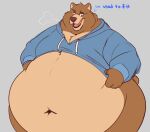 annoyed anthro bear belly big_belly big_butt blush bottomless breath brown_bear brown_body brown_fur butt chubby_cheeks clothed clothing clothing_pull dialogue english_text fur hi_res hoodie looking_down looking_down_at_self male mammal moobs navel obese obese_anthro obese_male open_mouth overweight overweight_anthro overweight_male razigator shirt shirt_pull sigh solo standing text topwear topwear_pull ursine wide_hips