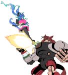  2girls absurdres adapted_costume ahoge animal_ears animal_hood aqua_hair archives.gokulism black_leggings blue_hair boots bow commentary ear_covers english_commentary fire floating_hair hair_bow highres hood hoodie horse_ears horse_girl horse_tail leggings looking_at_another mechanization multicolored_hair multicolored_hoodie multiple_girls nice_nature_(umamusume) purple_eyes rabbit_hood red_hair sidelocks simple_background streaked_hair striped_bow stuffed_animal stuffed_rabbit stuffed_toy tail thrusters twin_turbo_(blast_mode!_turbo_engine)_(umamusume) twin_turbo_(umamusume) twintails two-tone_hair umamusume white_background yellow_boots yellow_eyes 