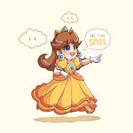  1girl absurdres blue_eyes brown_hair crown dress earrings flower_earrings gloves high_heels highres jewelry long_hair lysum mario_(series) open_mouth orange_dress orange_shoes princess_daisy shoes simple_background smile super_mario_bros._wonder white_gloves 