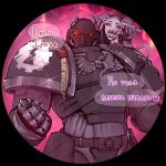  adeptus_astartes armor armored_gloves black_armor black_hair black_lips circle_cut colored_skin daemon_(warhammer) demon_horns evil_smile glowing glowing_eyes helmet highres horns keeper_of_secrets long_hair noizen pale_skin pink_background power_armor purple_skin shoulder_armor smile warhammer_40k 