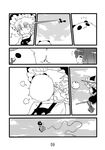  :3 bag broom broom_riding comic eating face_hug greyscale hat highres hijiri_byakuren hong_meiling_(panda) jumping kirisame_marisa monochrome multiple_girls scan seki_(red_shine) silent_comic touhou witch witch_hat 