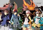  2boys 2girls 4others arms_up artist_name bare_shoulders baseball_cap behind_another black_background black_leggings black_pantyhose black_vest black_wrist_cuffs blue_coat blue_eyes blue_hoodie boar breasts brown_hair checkered_background clenched_teeth coat comiket_87 cowboy_shot denim denim_shorts double_bun emboar english_text facing_to_the_side facing_viewer fire grey_pants hair_bun hand_in_pocket hat high_contrast high_ponytail highres hilbert_(pokemon) hilda_(pokemon) holding holding_poke_ball hood hoodie leggings long_hair long_sleeves looking_to_the_side lucario medium_breasts multiple_boys multiple_girls multiple_others nate_(pokemon) pants pantyhose partially_unzipped poke_ball poke_ball_(basic) pokemon pokemon_(creature) pokemon_bw pokemon_bw2 ponytail red_eyes red_hat red_visor rosa_(pokemon) ryuusei_(trickster) samurott serperior shirt shirt_under_shirt shorts sidelocks skirt sleeveless sleeveless_shirt sleeves_rolled_up snake spot_color teeth torn_clothes torn_shorts turning_head two-tone_background two-tone_shirt vest visor_cap white_background white_hat white_shirt white_shorts wrist_cuffs yellow_skirt 