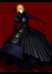  absurdres armor armored_dress artoria_pendragon_(all) bad_id bad_pixiv_id blonde_hair blurry cmy dark_excalibur depth_of_field dress fate/stay_night fate/unlimited_codes fate_(series) faulds hair_ribbon highres letterboxed lips realistic ribbon saber_alter simple_background sketch solo sword weapon yellow_eyes 