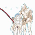 1boy 1girl armor blue_eyes braid breastplate closed_mouth doll_joints elden_ring elden_ring_nightreign executor_(elden_ring) flower_wreath gauntlets greaves hands_up head_wreath helmet highres holding holding_sword holding_weapon joints katana low_twin_braids pauldrons plume revenant_(elden_ring) robe shoulder_armor sugulu sweatdrop sword twin_braids veil weapon wide_sleeves 
