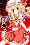  asahana_jun blonde_hair flandre_scarlet hat index_finger_raised laevatein looking_at_viewer red_eyes short_hair side_ponytail smile solo sparkle touhou wings wrist_cuffs 