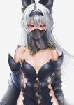  1girl absurdres armor artist_name bare_shoulders black_bow black_headband black_sleeves bow breasts collarbone detached_sleeves fukou girls'_frontline grey_hair hair_bow headband highres long_hair looking_at_viewer mouth_veil official_alternate_costume parted_lips red_eyes see-through_clothes see-through_veil small_breasts solo tokarev_(girls'_frontline) tokarev_(griffin's_dancer)_(girls'_frontline) upper_body veil 