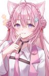  1girl absurdres animal_ears animal_hands antenna_hair black_choker blue_eyes blush braid braided_bun choker clip_studio_paint_(medium) coat collared_shirt crown_braid double_bun eyelashes fang fingernails gradient_eyes grin hair_between_eyes hair_bun hair_ornament hair_ribbon hakui_koyori hakui_koyori_(1st_costume) heart heart_choker highres hololive index_finger_raised lab_coat long_hair looking_at_viewer multicolored_eyes nail_polish necktie open_clothes open_coat pink_eyes pink_hair pink_nails pink_necktie purple_eyes red_ribbon ribbon shirt simple_background skin_fang smile solo syuukamona virtual_youtuber white_background white_coat white_shirt wolf_ears wolf_girl 