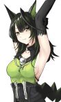  1girl ahoge arknights arms_up bare_arms black_hair blush breasts chinese_commentary closed_mouth collarbone commentary_request green_eyes green_hair hair_between_eyes highres huge_ahoge medium_breasts medium_hair mon3tr_(arknights) multicolored_hair neti_(cpu11151) outstretched_arm sideboob simple_background sleeveless smile solo streaked_hair stretching tail upper_body white_background 