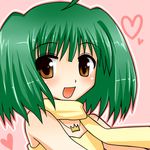  :d asahana_jun bad_id bad_pixiv_id bare_shoulders blush brown_eyes green_hair heart jewelry looking_at_viewer lowres macross macross_frontier necklace open_mouth ranka_lee short_hair smile solo upper_body 