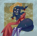 anthro areola big_butt black_eyes black_nose blue_body blue_fur blush blush_lines bottomless butt clothed clothing ear_piercing eyelashes eyeshadow felid feline female floppy_ears forehead_gem fur gem genitals goumang_(nine_sols) halo hi_res long_sleeves looking_at_viewer lop_ears lying makeup mammal nine_sols nipples on_side piercing pink_areola pink_nipples prosthetic prosthetic_leg prosthetic_limb pumulauwu red_candle_games red_clothing red_eyeshadow red_topwear smile solarian solo thick_thighs topwear vulva wide_hips