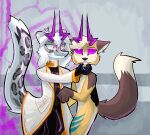 aliasing antennae_(anatomy) anthro brown_tail canid canine clothing coat collar digital_media_(artwork) duo ear_piercing felid fur gloves grey_body grey_fur handwear hypnosis hypnotic_eyes lab_coat latex latex_clothing latex_gloves latex_handwear latex_skinsuit male mammal mind_control mossky pantherine piercing purple_eyes skinsuit snow_leopard tail tight_clothing topwear yellow_body yellow_fur