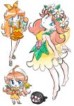  1girl absurdres apple blue_eyes brown_hair chain_chomp dress earrings fairy flower flower_earrings food fruit hair_flower hair_ornament hat highres holding holding_food holding_fruit holding_ice_cream ice_cream ice_cream_cone jewelry long_hair mario_(series) mario_kart mario_kart_tour multiple_views princess_daisy princess_daisy_(fairy) princess_daisy_(sailor) princess_daisy_(swimwear)_(mario_kart_tour) rakugaki_shitagari-ya simple_background white_background white_hat yellow_dress 