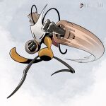  1girl antennae arthropod_girl black_eyes black_skin bracelet colored_skin full_body guraguradesign highres hollow_eyes hollow_knight hollow_knight:_silksong horned_mask jewelry map_(object) mask punching shakra_(hollow_knight) weapon white_mask 