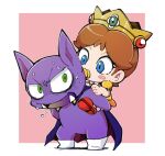  1boy 1girl baby baby_daisy blue_cape blue_eyes cape carrying chiyo_(shuten_dj) colored_skin crown fangs green_eyes highres mario_(series) pacifier piggyback pink_background pointy_ears princess_daisy purple_skin red_shoes shoes simple_background super_mario_land tatanga white_shoes 