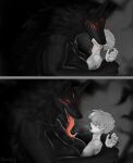 2025 5_eyes after_kiss anthro arm_grab big_breasts black_body black_ears black_fur black_inner_ear black_nose bodily_fluids breasts bunbury canid canid_demon canine canis demon digital_media_(artwork) dripping drooling duo extreme_french_kiss eyelashes female female_anthro female_on_human french_kissing fur glowing glowing_eyes grey_background hair hair_over_eyes hi_res human human_on_anthro humanoid_hands interspecies kissing larger_anthro larger_female light_body light_skin long_tongue looking_at_another looking_at_partner male male/female male_human male_on_anthro mammal monotone_body monotone_fur multi_eye neck_bulge nude nude_anthro nude_female nude_human nude_male open_mouth open_smile pink_tongue red_eyes restrained saliva saliva_drip saliva_string sequence shaded sharp_teeth side_view signature simple_background size_difference smaller_human smaller_male smile spot_color teeth tongue tongue_out wolf
