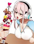  breasts cleavage food headphones ice_cream large_breasts long_hair miyamoto_issa nitroplus open_mouth pink_eyes pink_hair simple_background solo super_sonico 