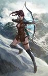  aiming arrow boots bow_(weapon) breasts brown_hair castlot cleavage drawing_bow highres holding holding_arrow holding_bow_(weapon) holding_weapon leather long_hair magic medium_breasts mountain outstretched_arm ponytail solo stanley_lau sword thigh_strap weapon 