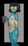 2025 4_fingers accessory amphibian anthro beverage beverage_can blue_body blue_lips bodily_fluids breasts can clothed clothed_anthro clothed_female clothing cola container cross cross_necklace digital_media_(artwork) eyewear female female_anthro fingernails fingers frog geometric_background glasses hair hair_accessory hi_res holding_can holding_container holding_object jewelry lips markings mole_(marking) nails necklace non-mammal_breasts off_shoulder portrait round_glasses shirt simple_background soda solo spanish_description star sweat three-quarter_portrait topwear zul_(zzzilart) zzzilart