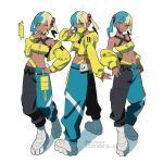  1girl bandeau betti_(xx_betti) black_hair black_mask black_pants blonde_hair blue_eyes blue_hair blue_pants canari_(pokemon) copyright_name dark-skinned_female dark_skin full_body highres holding holding_poke_ball jacket looking_at_viewer mask mask_pull mouth_mask multicolored_hair multiple_views open_mouth pants poke_ball poke_ball_(basic) pokemon pokemon_legends:_z-a rotom rotom_phone shoes simple_background standing two-tone_mask two-tone_pants white_background white_shoes yellow_bandeau yellow_jacket yellow_mask 